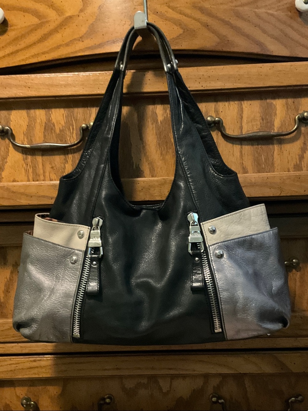 b. makowsky Black Shoulder Bag with Gray & Tan Accents